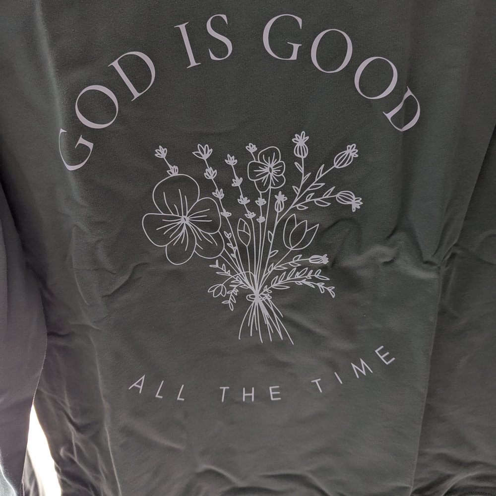 God Is Good Light Green Graphic Tee with Floral Design